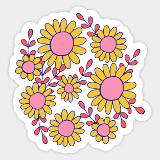 Retro 70s daisy flowers botanical design in blue, pink and yellow Sticker